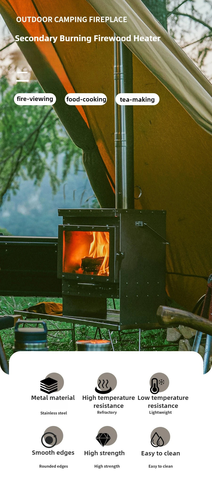 Stainless Steel Smokeless Fireplace with Secondary Burning for Camping Tent - Large Glass Window Wood Stove Firewood Heater Brazier