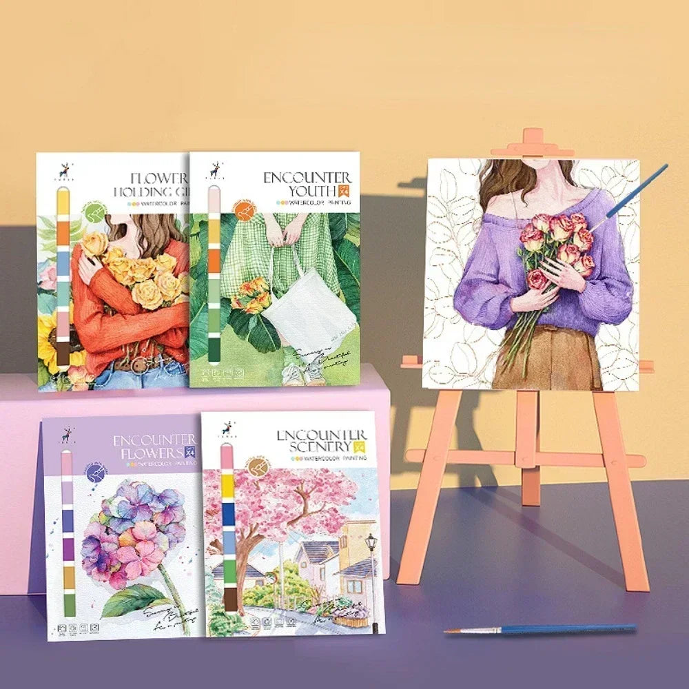 Portable Watercolor Painting Book with 4 Sheets - Kids Gouache Coloring Stationery and Graffiti Drawing Set with Paint Brush