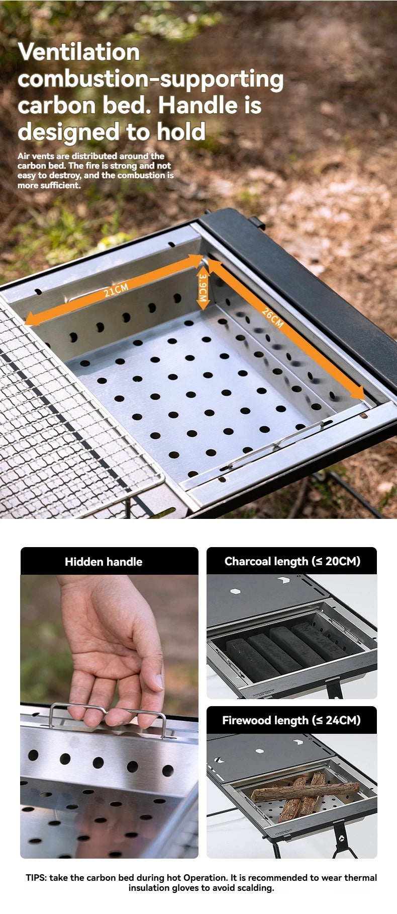 CAMPINGMOON UG-1 IGT Carbon Grill Camping Table with Expansion, Windproof BBQ, and Double-Layer Insulated Firewood Stove