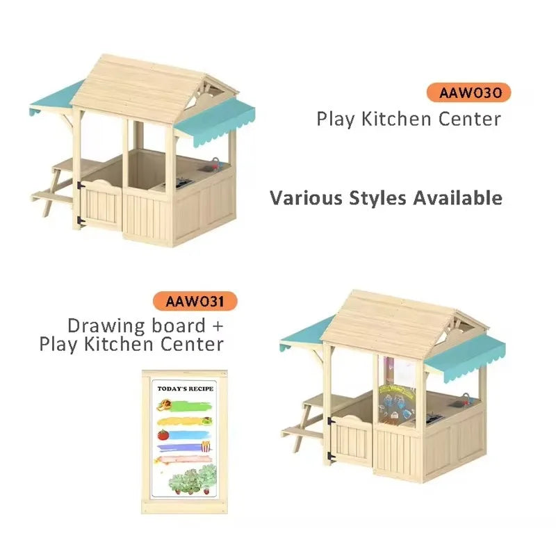Wooden Kids Playhouse with Kitchen, Snack Bar & Picnic Bench - Outdoor Children’s Play House