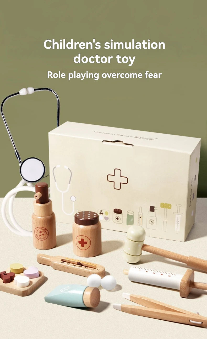 Children's Medical Play Set - Doctor and Nurse Simulation Kit with Stethoscopes, Syringes, and Wooden Figurines