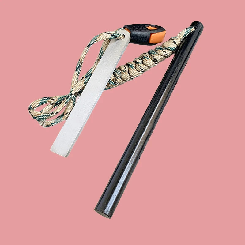 Outdoor Flint Magnesium Rod with Steel Scraper & Whistle - Camping Fire Starter Tool for Survival