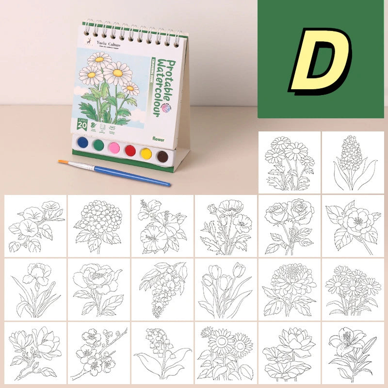 Portable House Coloring Book DIY - 20 Pages Watercolor Painting Set with 6 Colors for Toddler Arts and Crafts
