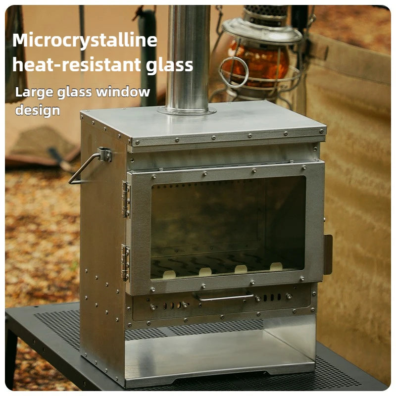 Stainless Steel Smokeless Fireplace with Secondary Burning for Camping Tent - Large Glass Window Wood Stove Firewood Heater Brazier