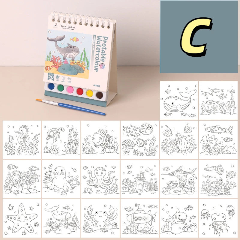 Portable House Coloring Book DIY - 20 Pages Watercolor Painting Set with 6 Colors for Toddler Arts and Crafts