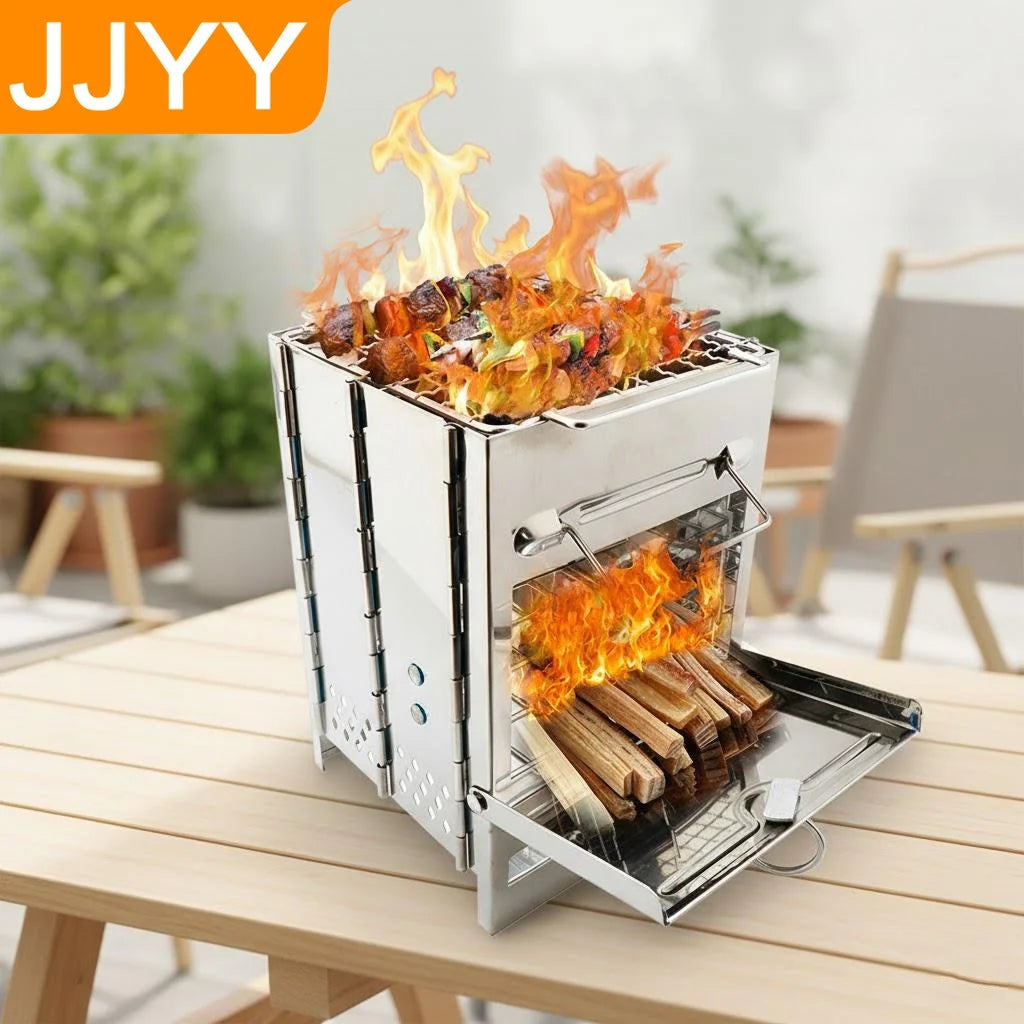 Square Wood Stove Outdoor Grill Mini BBQ Portable Camping Picnic Folding Grill for Home Kitchen Backyard Garden Cooking