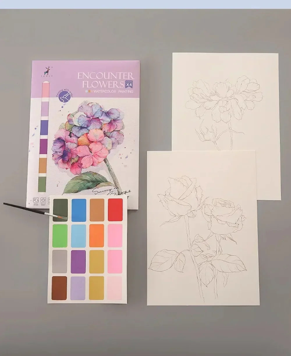 Portable Watercolor Painting Book with 4 Sheets - Kids Gouache Coloring Stationery and Graffiti Drawing Set with Paint Brush