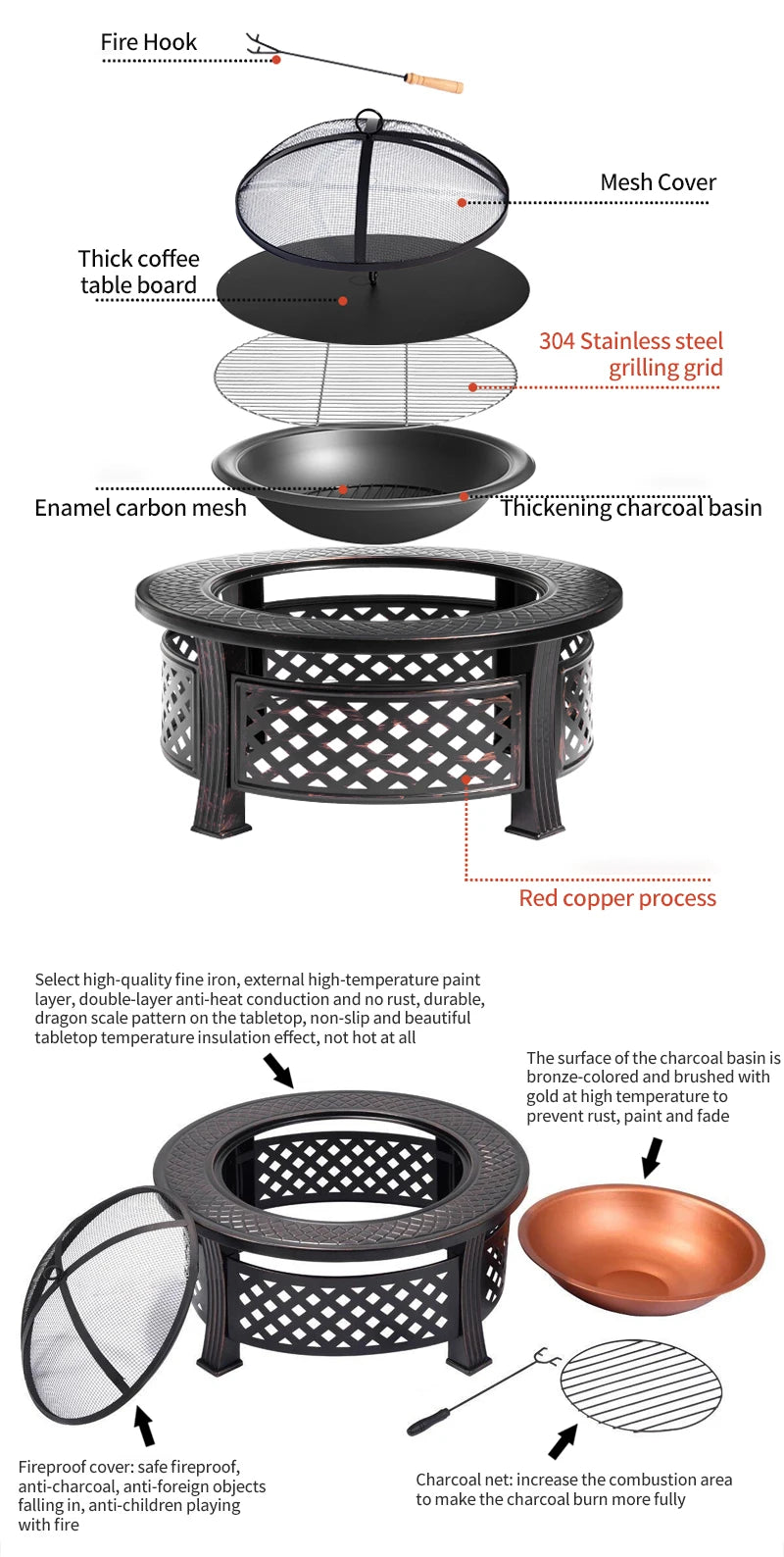 32-Inch Fire Pit Bowl with BBQ Grill - Outdoor Camping Firepit Set for Wood Burning and Garden Heating