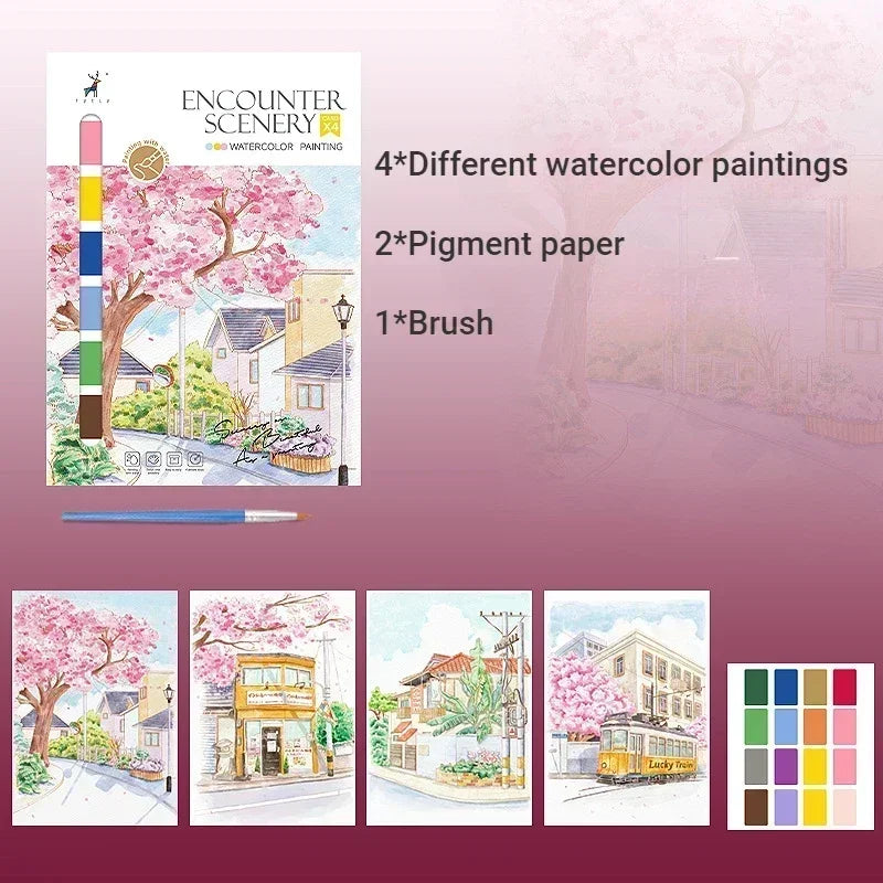 Portable Watercolor Painting Book with 4 Sheets - Kids Gouache Coloring Stationery and Graffiti Drawing Set with Paint Brush