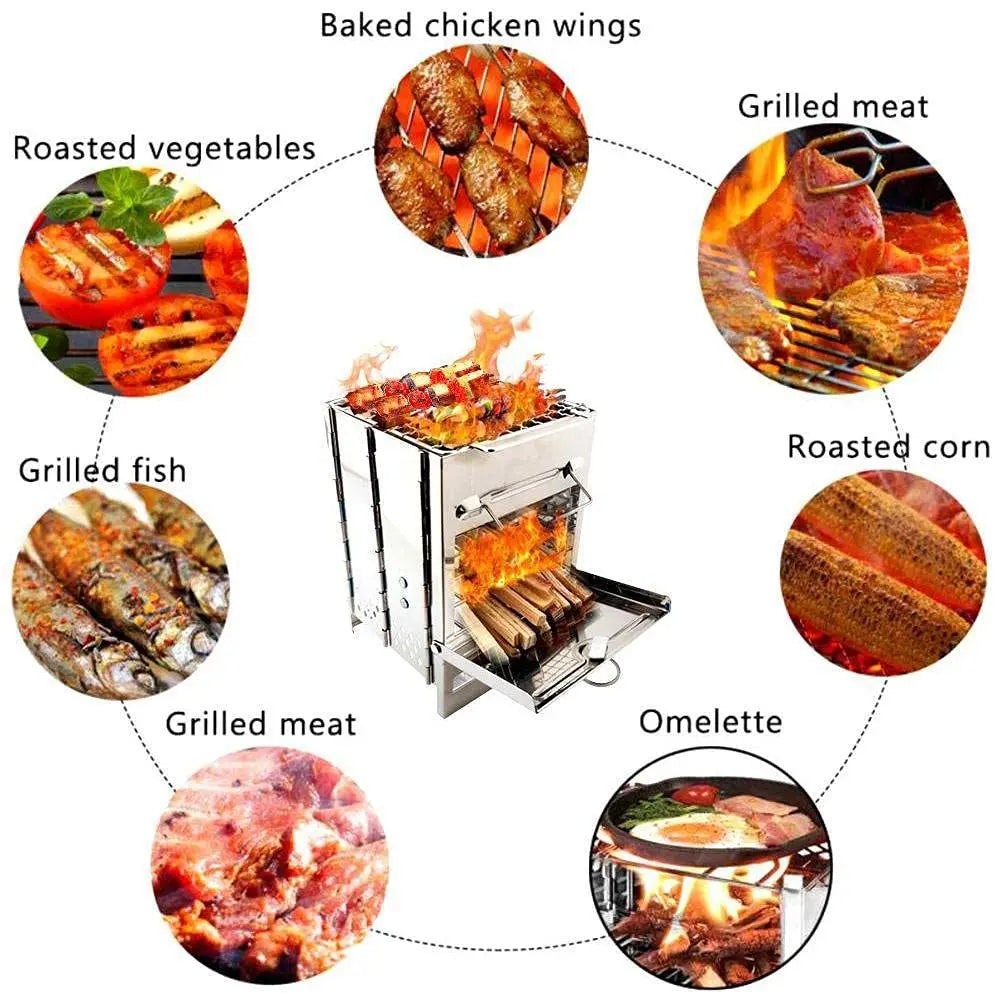 Portable Camping Wood Burning Stove - Folding Stainless Steel Campfire Stove for Outdoor Cooking, Hiking, and Picnics