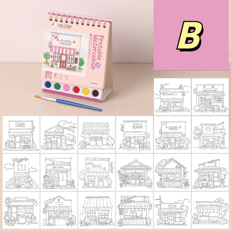 Portable House Coloring Book DIY - 20 Pages Watercolor Painting Set with 6 Colors for Toddler Arts and Crafts