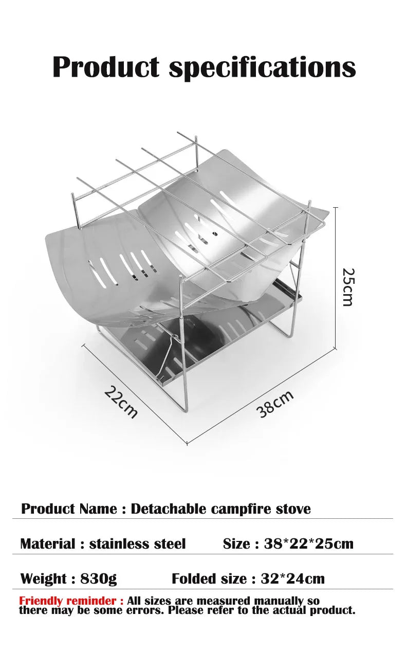 Portable Stainless Steel Fire Pit - Foldable Wood Burning Stove Mini BBQ Rack for Outdoor Camping