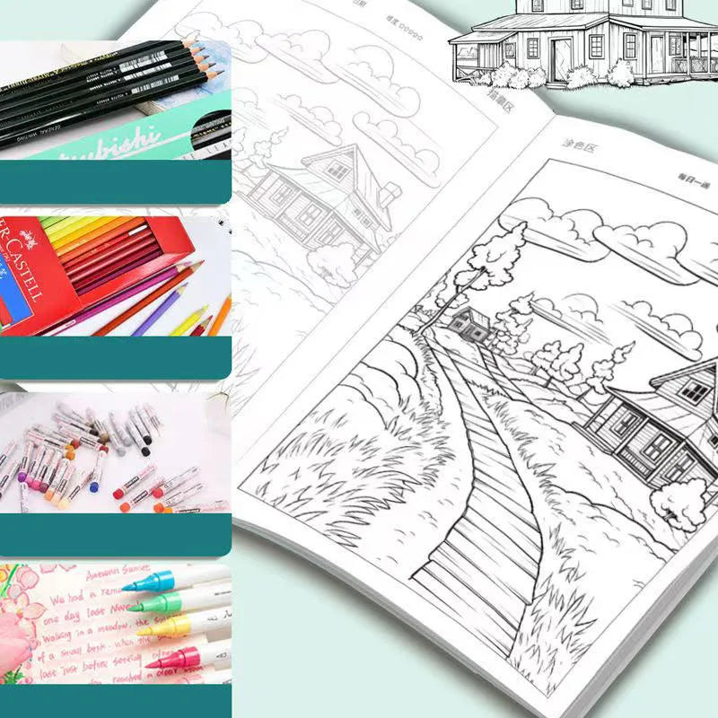 Artistic Drawing Practice Book for Adults - Landscape Tracing and Pen Control Coloring for Stress Relief