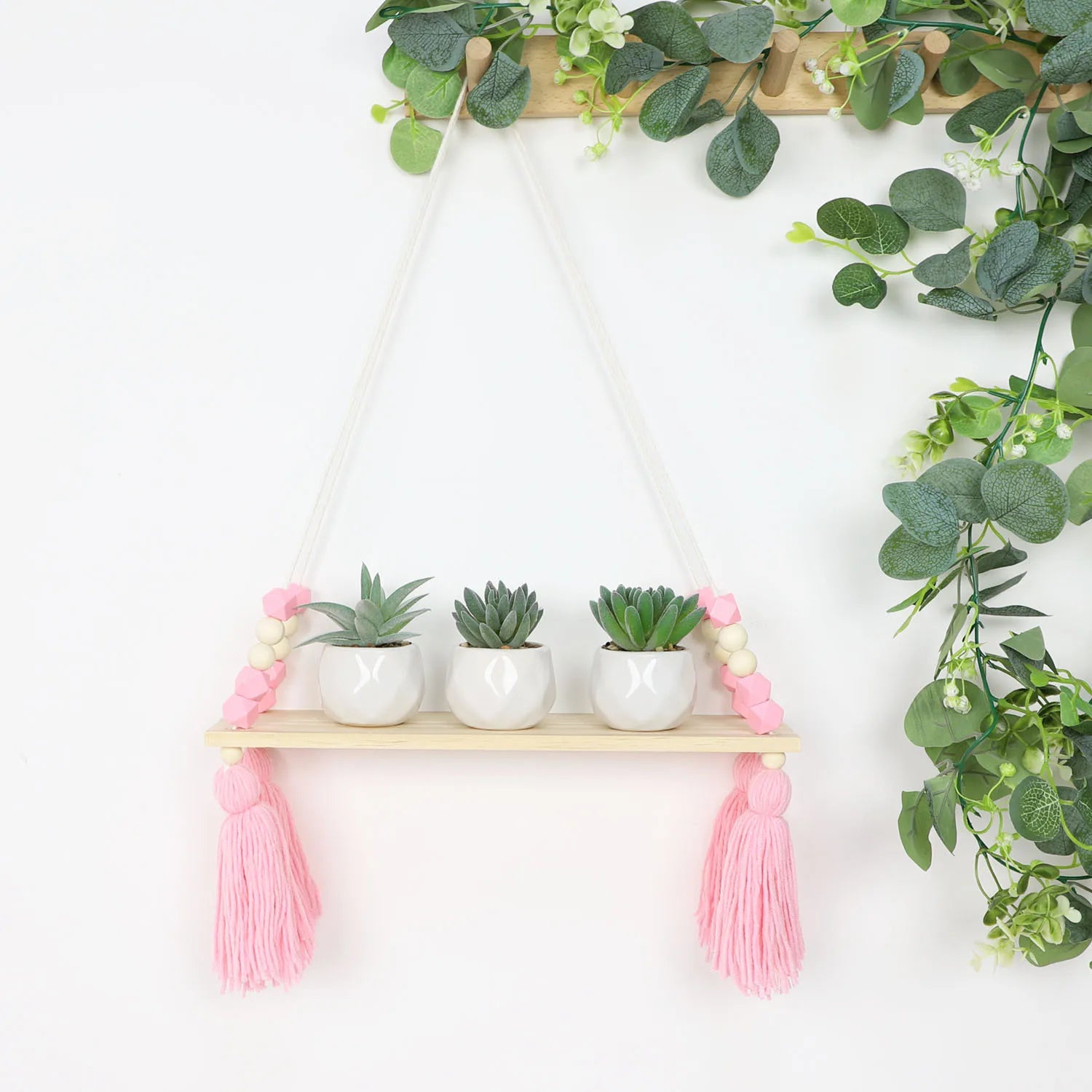 Macrame Wall Hanging Shelf for Girls Kids Nursery Decorations Boho Pink Wooden Display Floating Shelves Wall Decor Bedroom