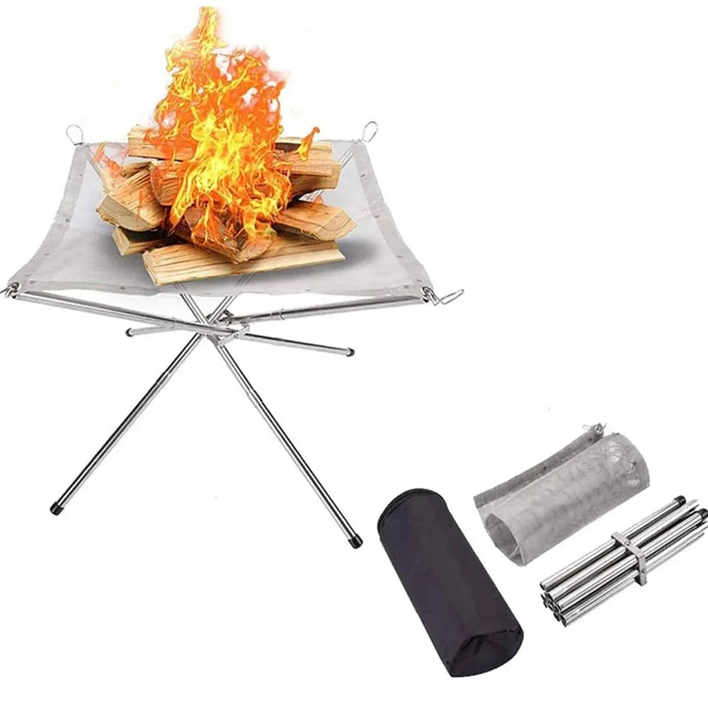 Stainless Steel Foldable Fire Rack for Camping, Backyard BBQ, and Bonfire - Mesh Fire Pit Wood Stove Frame