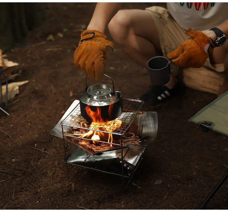 Portable Stainless Steel Fire Pit - Foldable Wood Burning Stove Mini BBQ Rack for Outdoor Camping