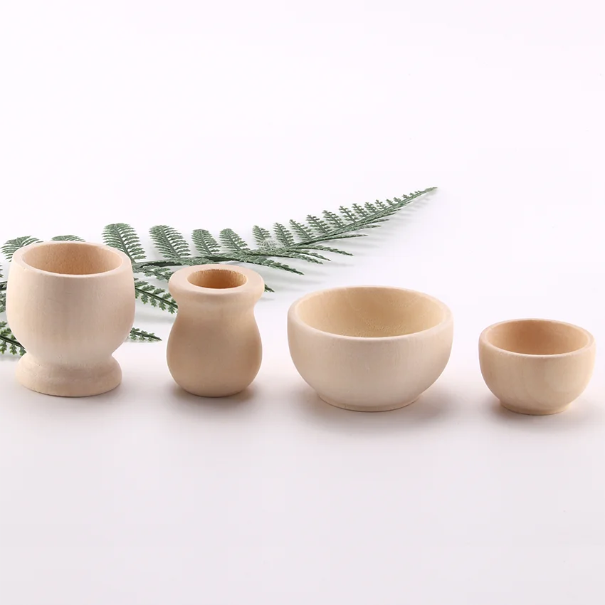 Children's Mini Wooden Play Kitchen Tableware Set - Solid Wood Bowls, Cups, and Creative Painted Ornaments