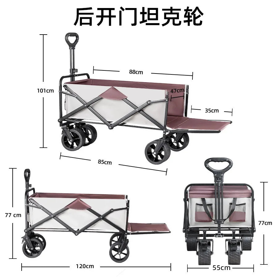 Extra Long Extender Folding Utility Cart for Outdoor Use, Large Capacity Picnic Trolley and Beach Wagon