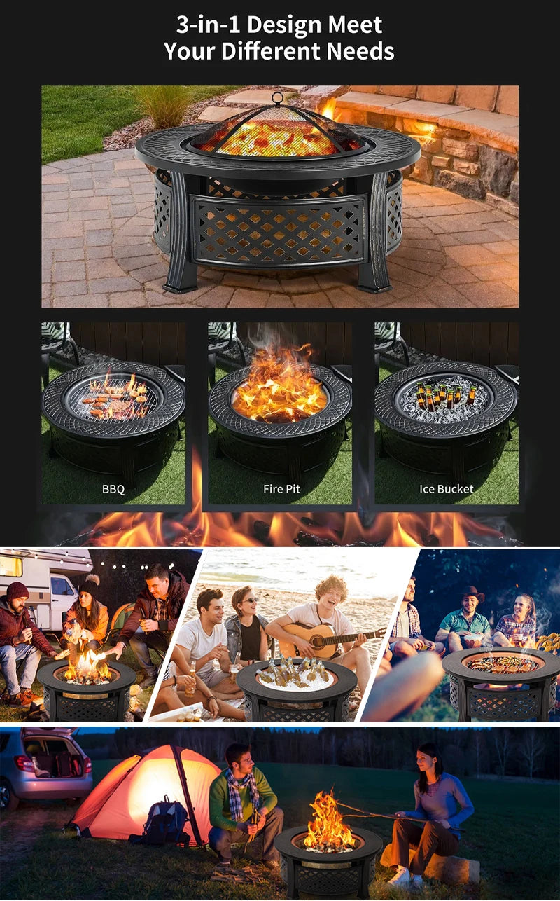 32-Inch Fire Pit Bowl with BBQ Grill - Outdoor Camping Firepit Set for Wood Burning and Garden Heating