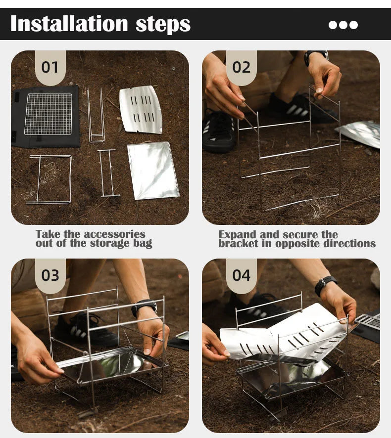 Portable Stainless Steel Fire Pit - Foldable Wood Burning Stove Mini BBQ Rack for Outdoor Camping