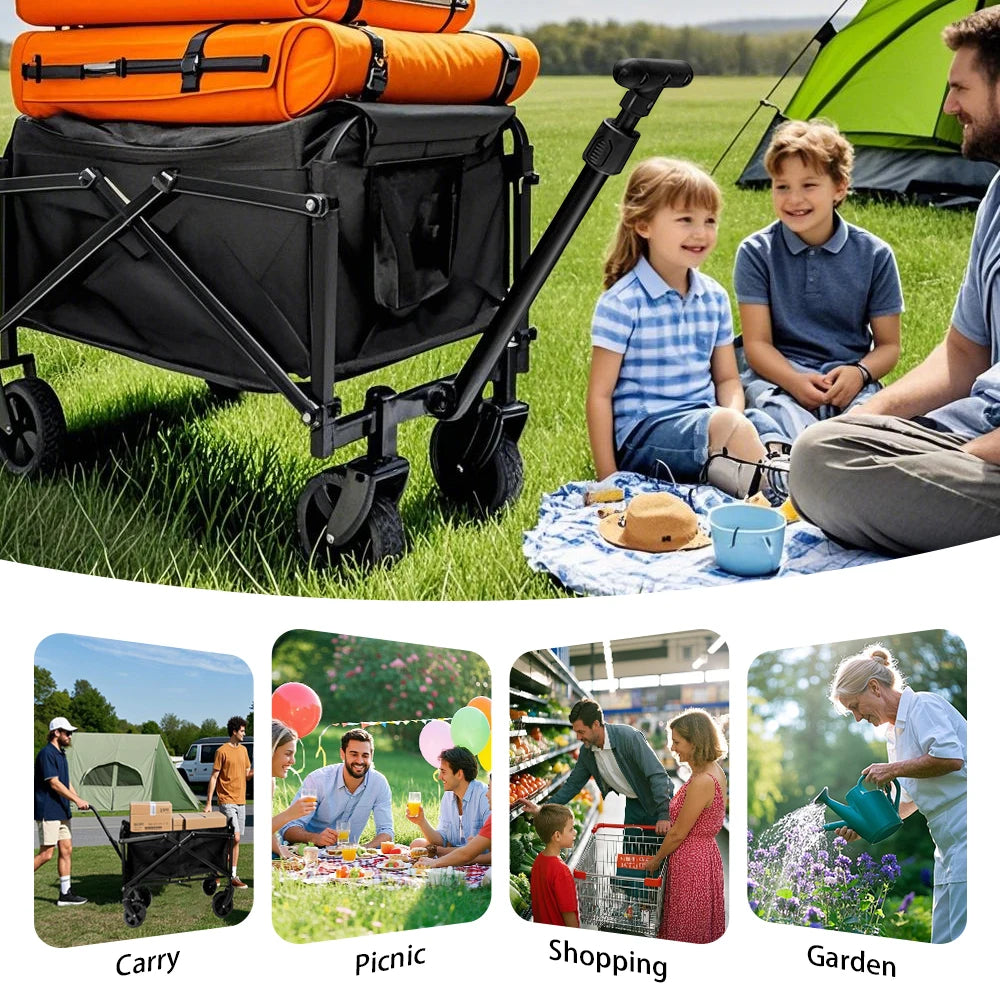 Black Handcart Portable Folding Garden Cart for Shopping, Picnic, Beach, and Camping Accessories