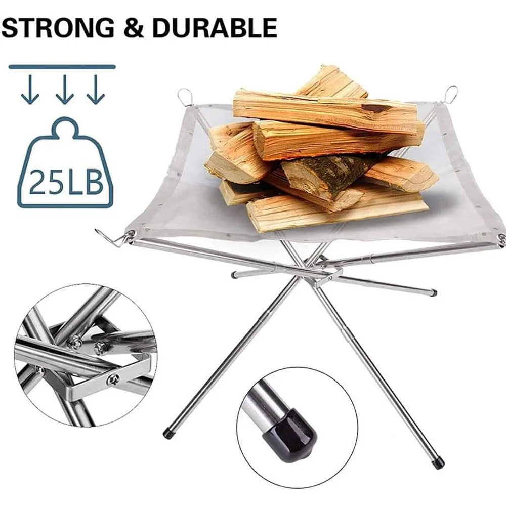 Stainless Steel Foldable Fire Rack for Camping, Backyard BBQ, and Bonfire - Mesh Fire Pit Wood Stove Frame