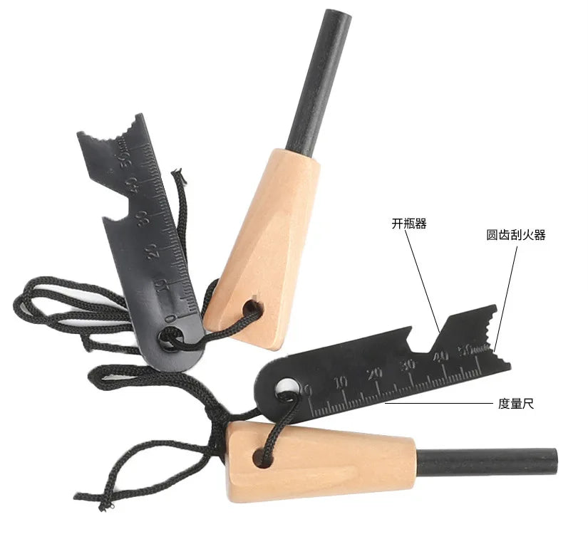 Outdoor Survival Flint Fire Starter with Wooden Handle - Multi-Tool Magnesium Rod and Waterproof Luminous Camping Fire Stick