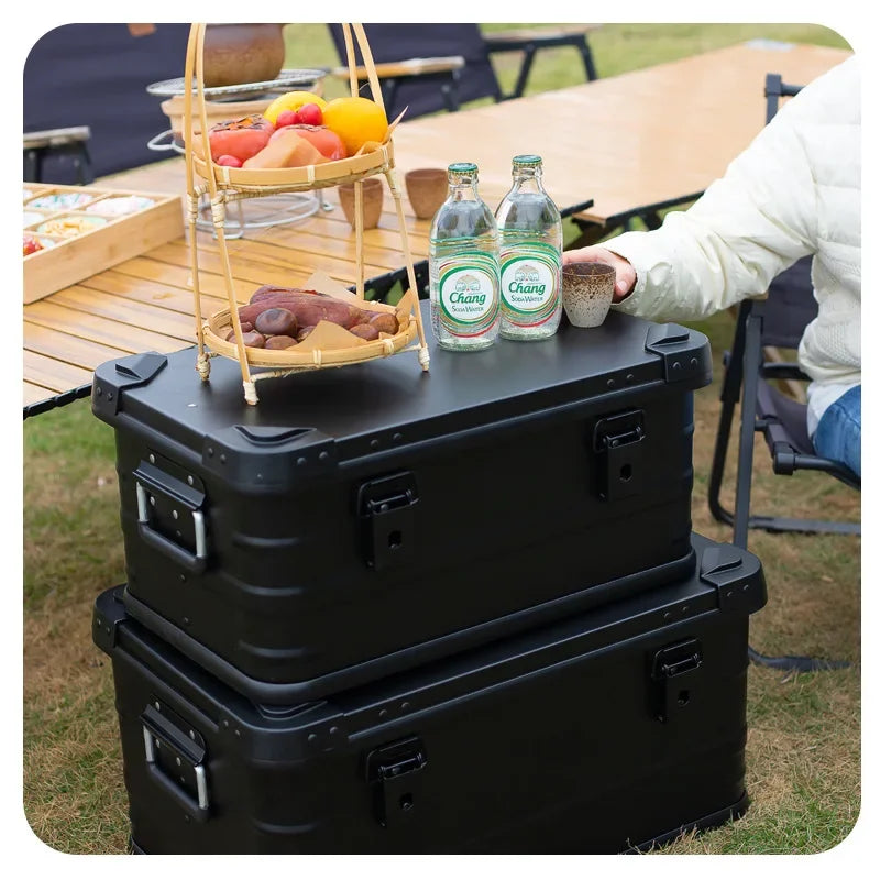 30L 50L 80L Aluminum Alloy Black Travel Storage Box for Camping, Outdoor, Picnic, and Household Use