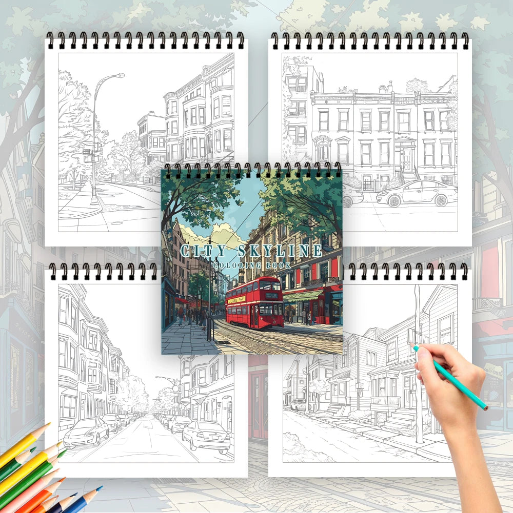 3pcs Illustrative Coloring Book Set - Car & Street Landscape Designs, Thick 30 Pages, Spiral Bound Stress Relief Gift