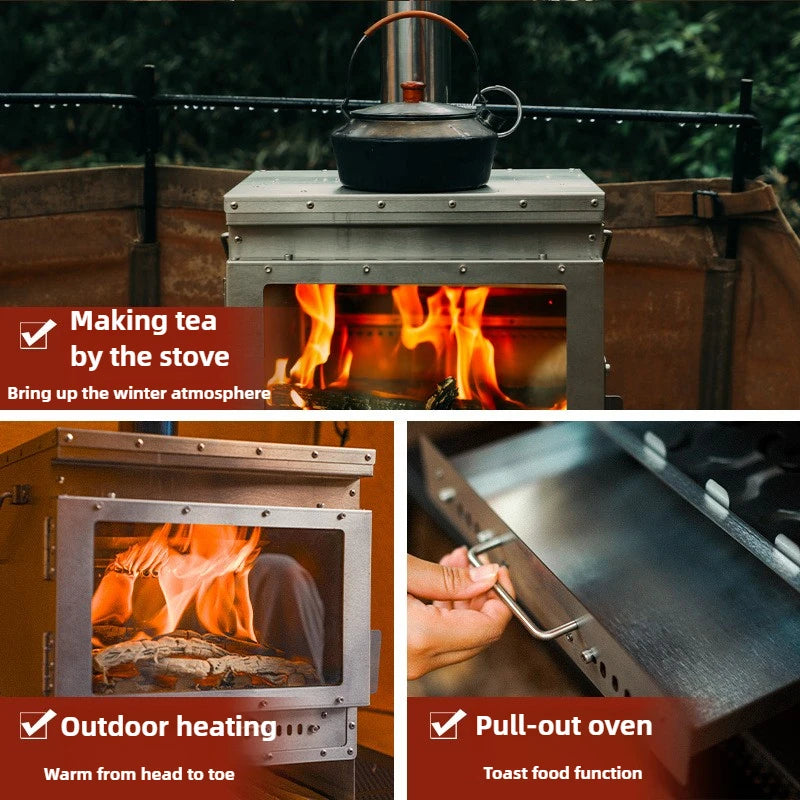 Stainless Steel Smokeless Fireplace with Secondary Burning for Camping Tent - Large Glass Window Wood Stove Firewood Heater Brazier