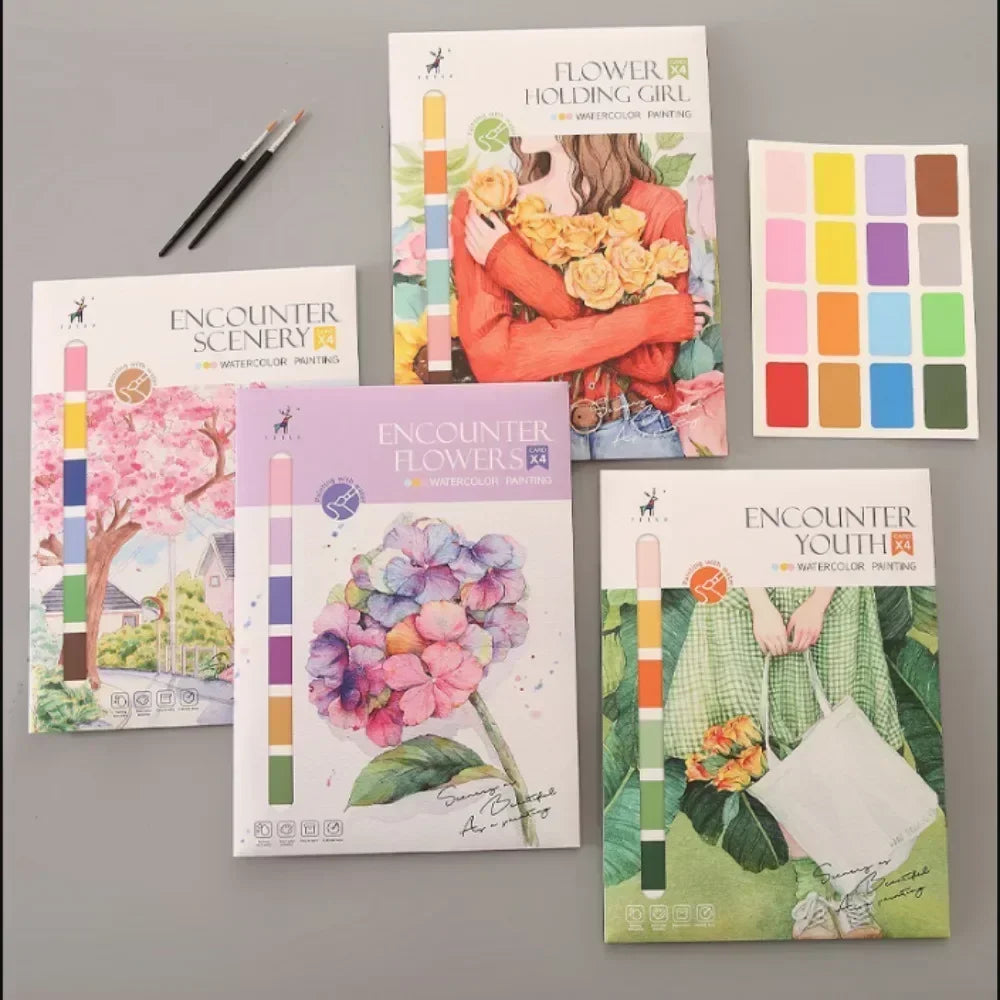 Portable Watercolor Painting Book with 4 Sheets - Kids Gouache Coloring Stationery and Graffiti Drawing Set with Paint Brush