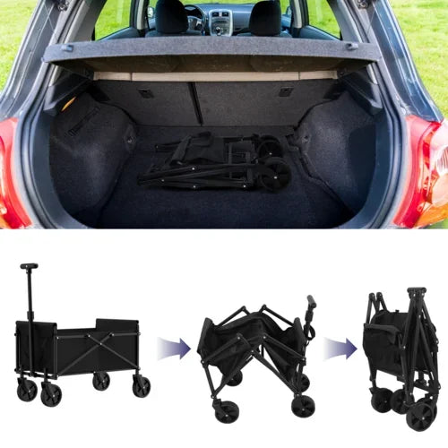 Black Small Folding Handcart - Collapsible Utility Shopping Cart for Outdoor, Garden, Picnic, and Beach Use