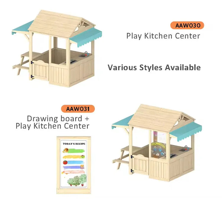 Wooden Kids Playhouse with Kitchen, Snack Bar & Picnic Bench - Outdoor Children’s Play House