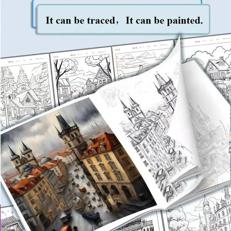 Artistic Drawing Practice Book for Adults - Landscape Tracing and Pen Control Coloring for Stress Relief