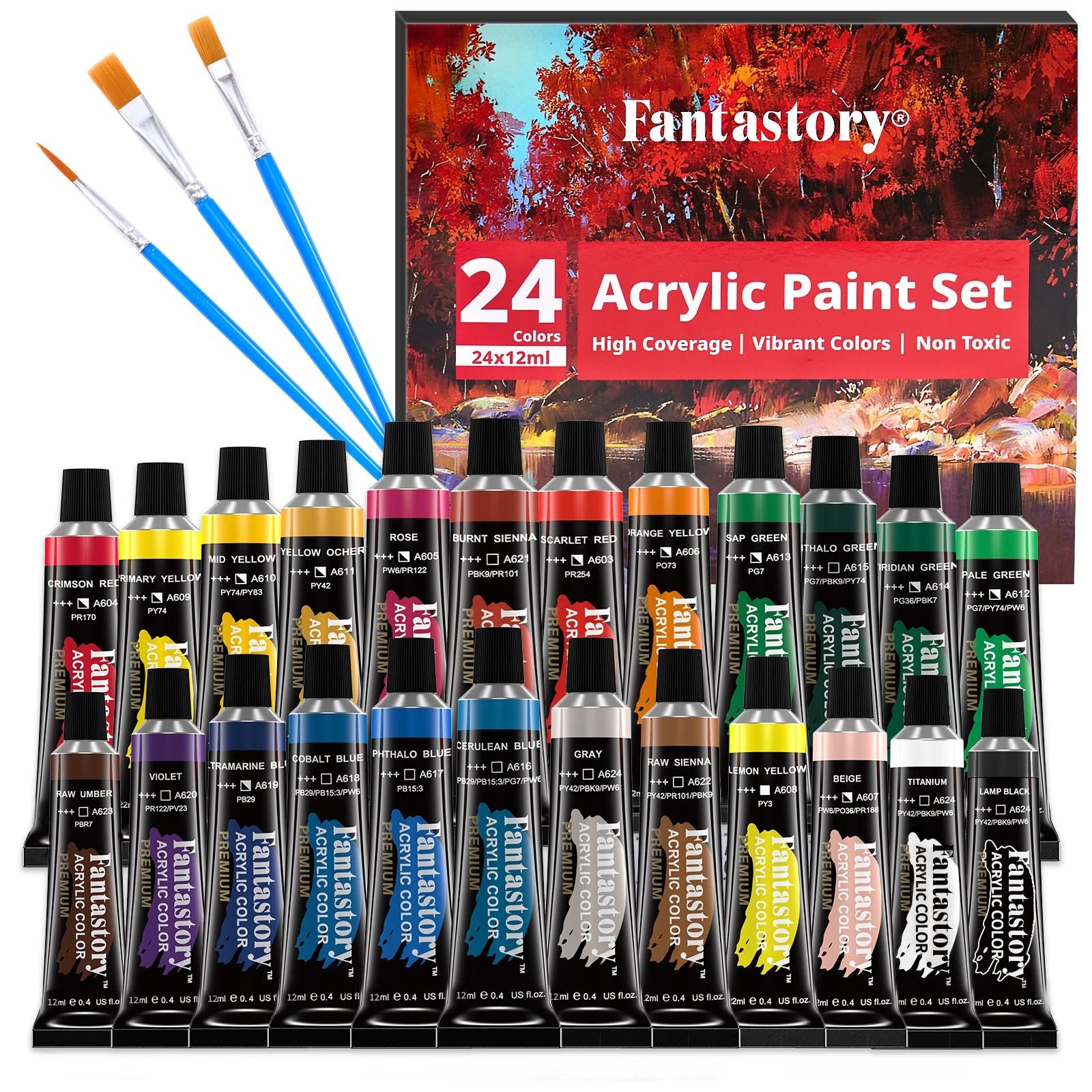 12ML 24 Colors Acrylic Paint Set with 3 Paint Brushes - Perfect Acrylic Paint Set for Adults, Ideal Gifts for Painters and Art Supplies