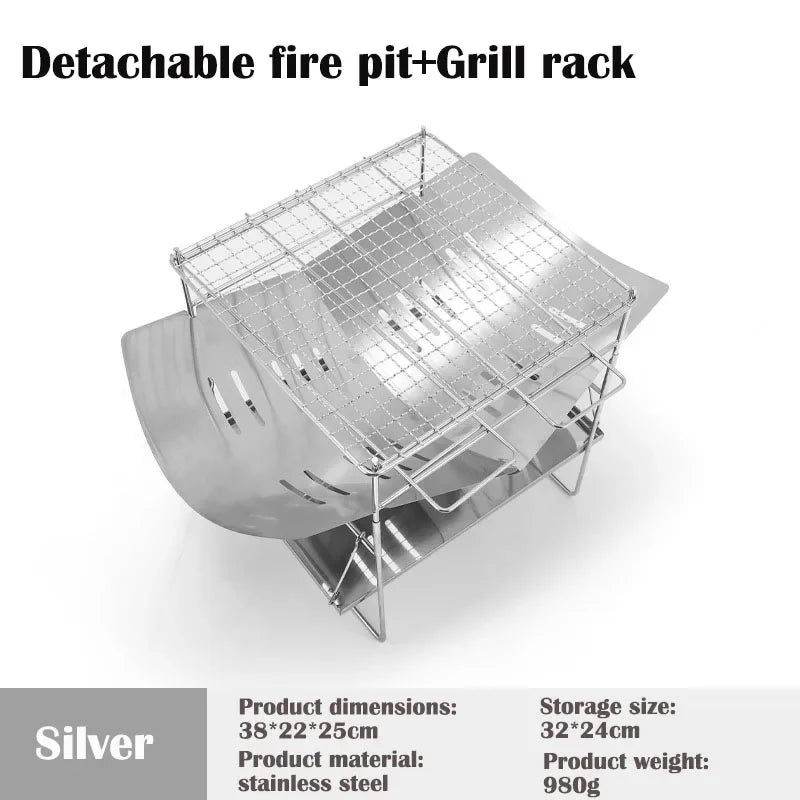 Portable Stainless Steel Fire Pit - Foldable Wood Burning Stove Mini BBQ Rack for Outdoor Camping