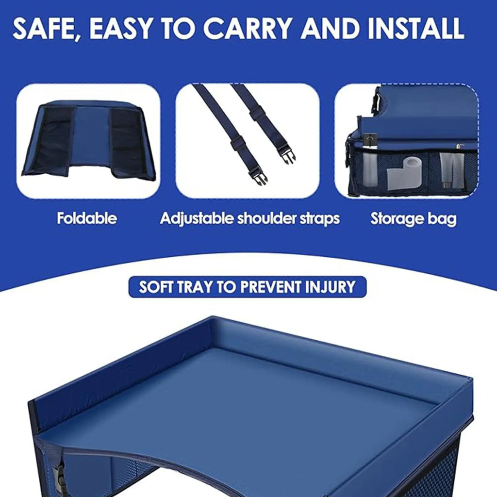 Car Seat Travel Tray Organizer for Kids - Waterproof Play Table with Cup Holder, Snack Storage & Toy Space for Babies and Strollers