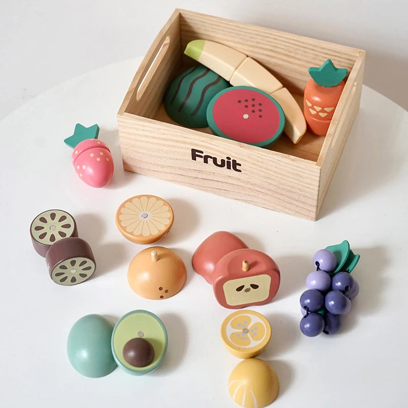 Children's Wooden Play Kitchen Set with Magnetic Cookies and Fruit Cutting - Pretend Play Baking Toys for Girls