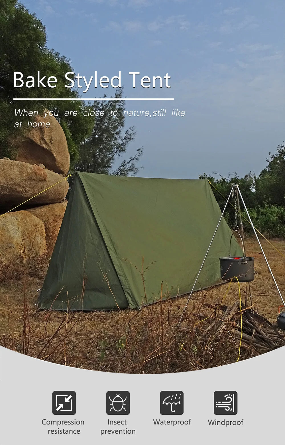 Bushcraft Tent for Camping - Baker Style Outdoor Shelter for 2 Persons, Multifunction Woodland Tent