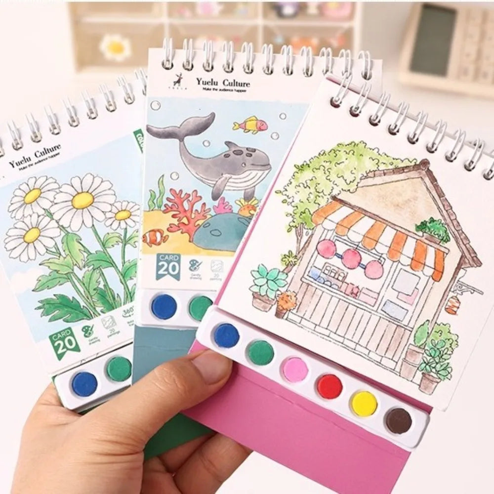 Portable House Coloring Book DIY - 20 Pages Watercolor Painting Set with 6 Colors for Toddler Arts and Crafts