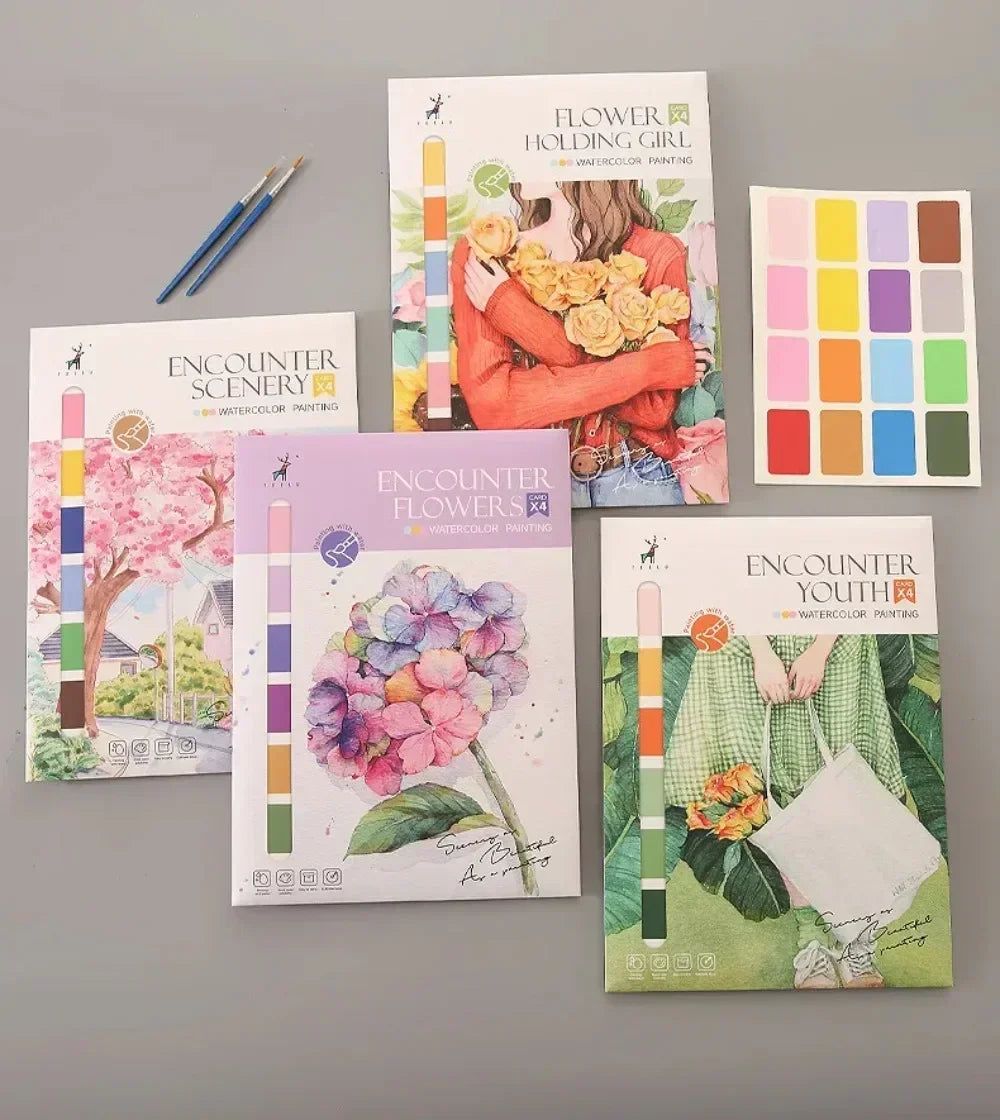 Portable Watercolor Painting Book with 4 Sheets - Kids Gouache Coloring Stationery and Graffiti Drawing Set with Paint Brush