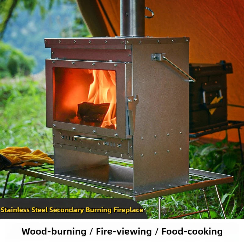 Stainless Steel Smokeless Fireplace with Secondary Burning for Camping Tent - Large Glass Window Wood Stove Firewood Heater Brazier