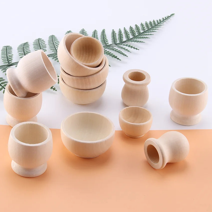 Children's Mini Wooden Play Kitchen Tableware Set - Solid Wood Bowls, Cups, and Creative Painted Ornaments