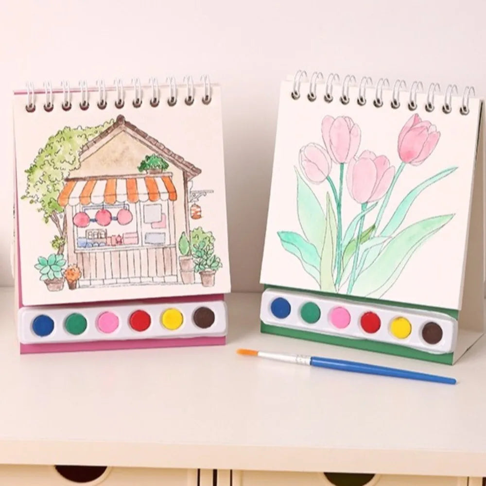 Portable House Coloring Book DIY - 20 Pages Watercolor Painting Set with 6 Colors for Toddler Arts and Crafts