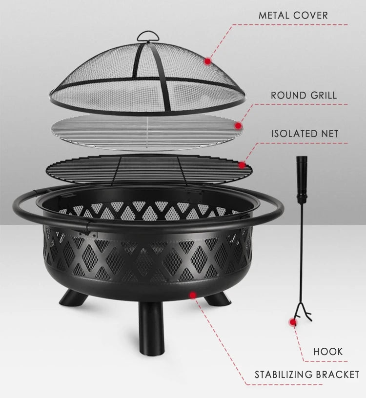 Large Outdoor Fire Pit with Spark Screen - Heavy-Duty Wood Burning Cross Fire Pit