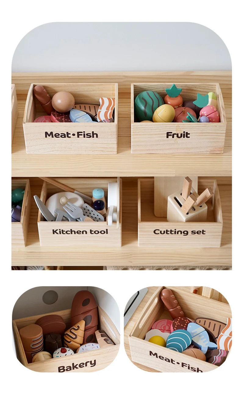 Children's Wooden Play Kitchen Set with Magnetic Cookies and Fruit Cutting - Pretend Play Baking Toys for Girls