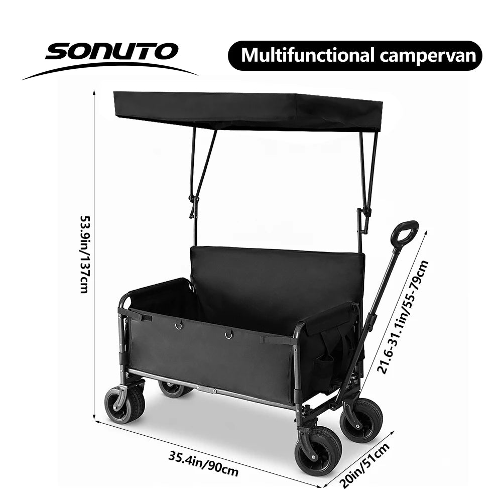 300kg Folding Wagon with Canopy & Seats - Heavy Duty Beach Cart for Camping, Picnic, and Grocery Shopping - Portable Utility Pull Cart