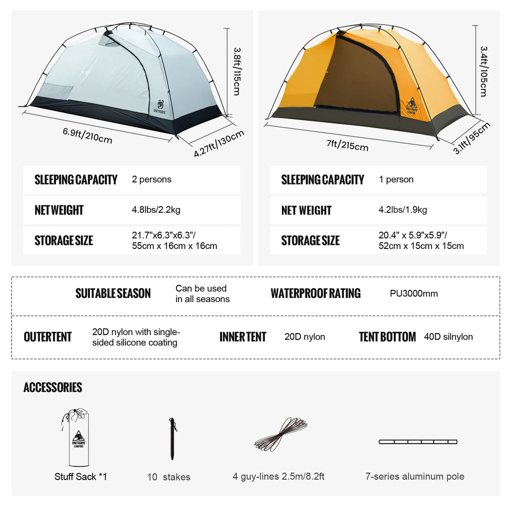 OneTigris Stella 4 Season Camping Tent for 1-2 Persons - Lightweight Double Layer, 3000mm Waterproof for Outdoor Hiking and Beach