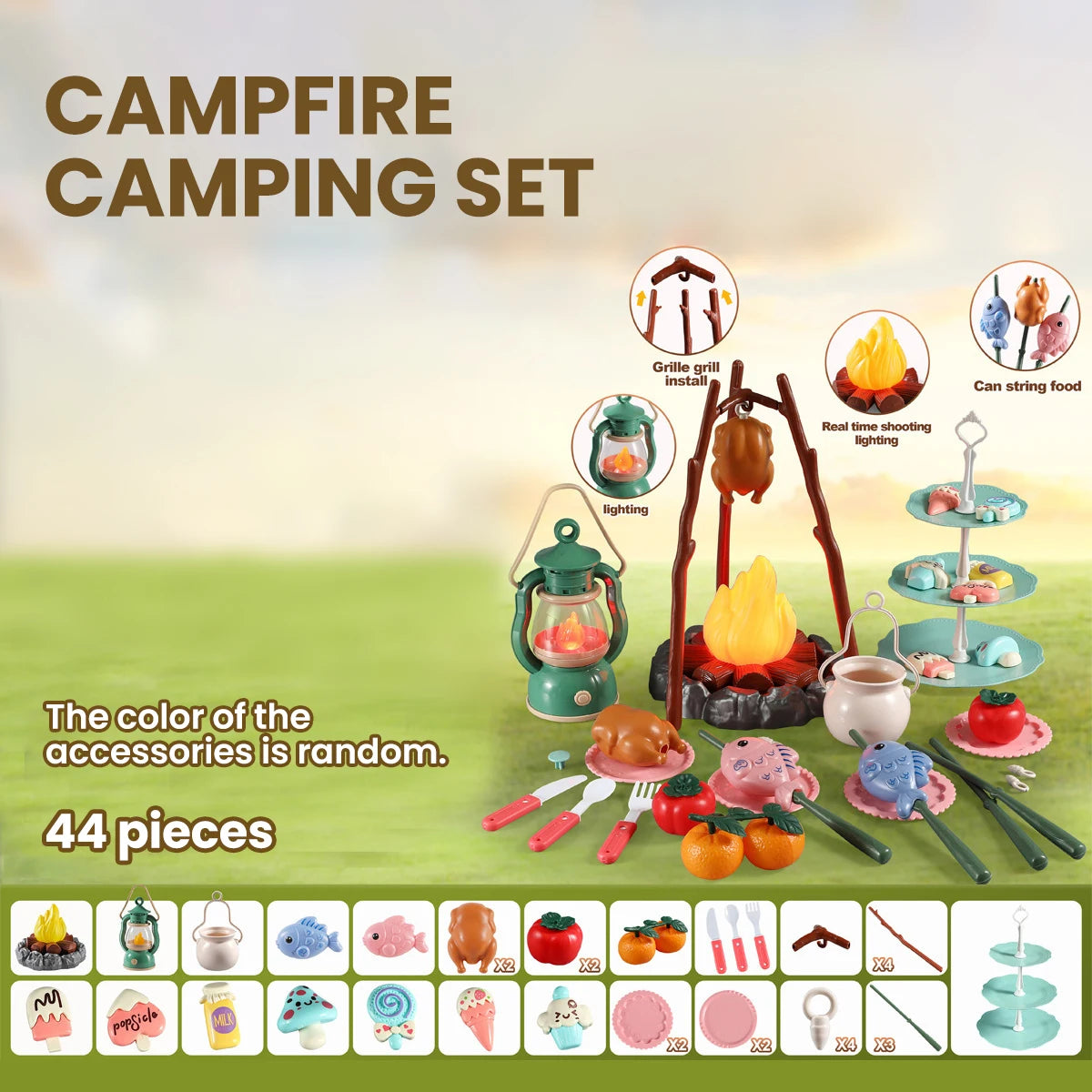 51Pcs Children's Camping Play Set Simulated Campfire Kitchen Food Picnic Role Play Toy for Kids